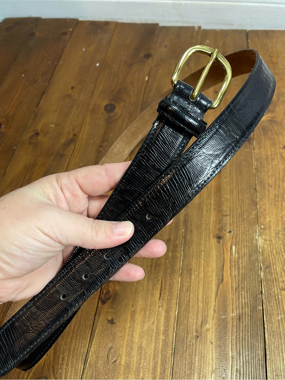 Black belt lizard embossed leather size 46 brass buckle